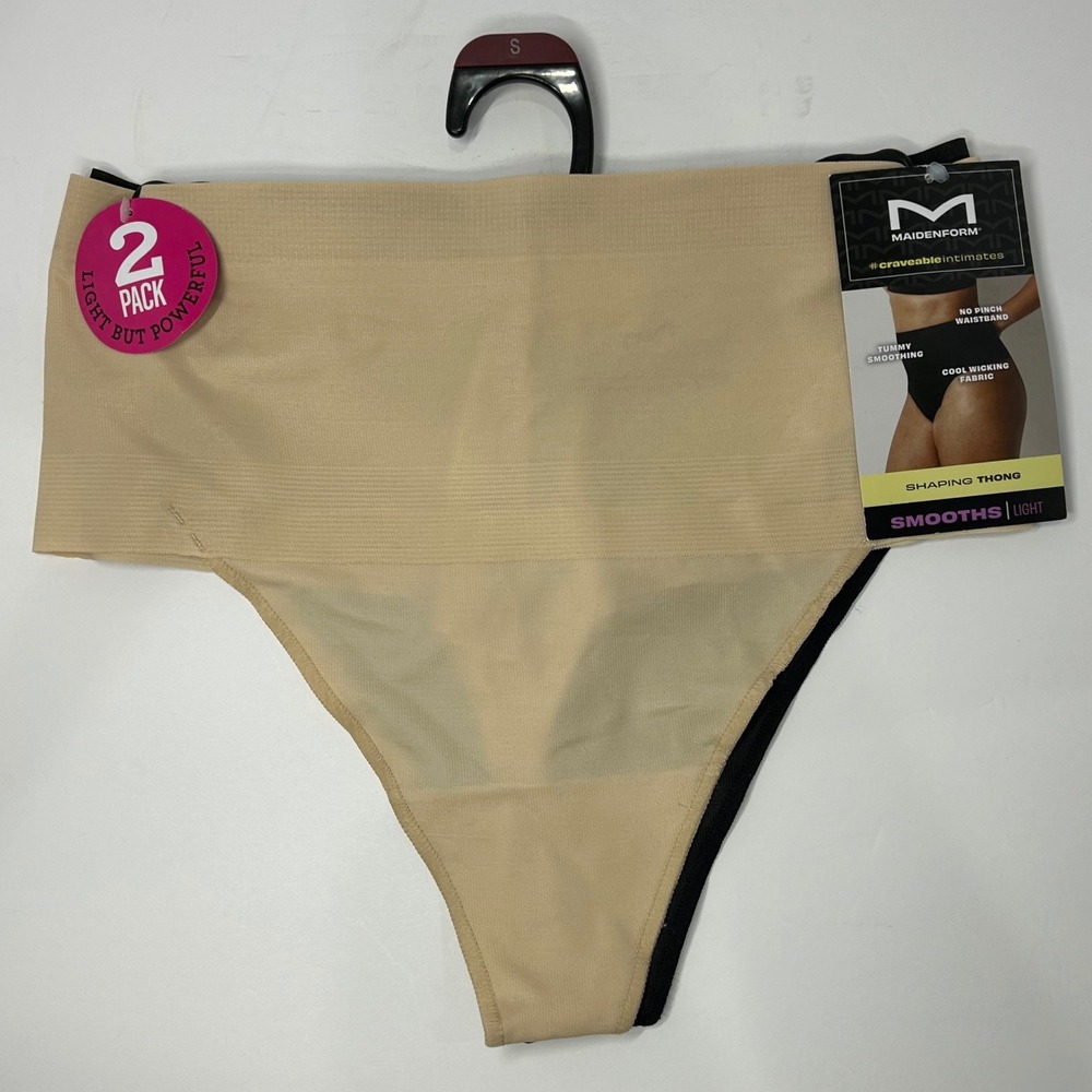 Maidenform 2‎ Pack Shaping Thong Smooths Light Tummy Control Black Beige Small